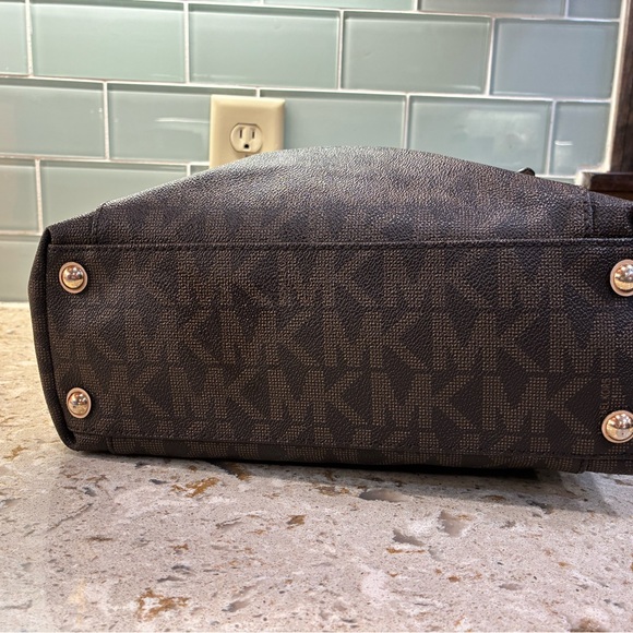 Michael Kors Brown and Tan MK Signature Tote with Gold Charm - Picture 6 of 10